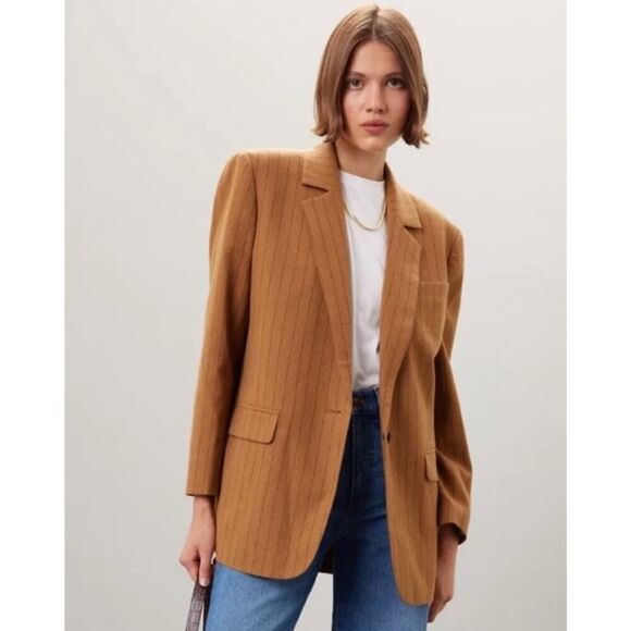 NWT Madewell Womens Oversized Blazer Brown Stripe 6 Wool Blend Single Breasted - Picture 1 of 13